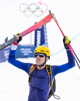 OLYMPICS - Winter Olympic Games, Olympische Spiele, Olympia, OS Milano Cortina 2026 BORMIO,ITALY,21.FEB.26 - OLYMPICS, SKI MOUNTAINEERING - Winter Olympic Games Milano Cortina 2026, Skicross, mixed relay, final. Image shows the rejoicing of Thibault Anselmet (FRA).  GEPAxpictures xHaraldxSteiner