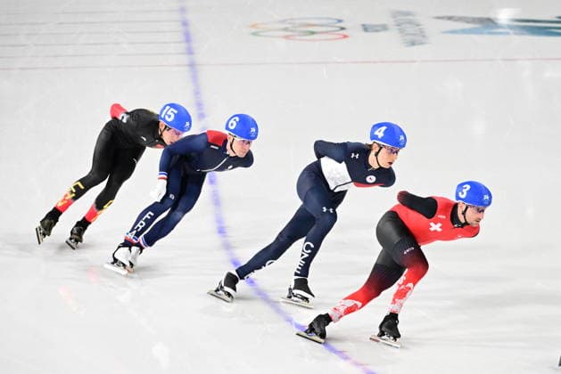 XXV Winter Olympic Games, Olympische Spiele, Olympia, OS in Milan, Italy, on February 21, 2026. Speed skating, Eisschnelllauf Men s Mass Start, semifinals. From left: Yu Wu from China, Timothy Loubineaud from France, Metodej Jilek from Czech Republic and Livio Wenger from Switzerland. (CTKxPhoto MichalxKamaryt) CTKPhotoP2026022103821  CTKPhotoP2026022103821