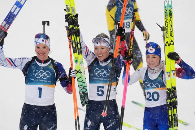 France™s MICHELON Oceane gold medal , France™s SIMON Julia silver medal , Cechia™s Tereza VOBORNIKOVA bronze medal during Biathlon women™s 12, 5 km Mass Start at Antholz-Anterselva Biathlon Arena at the Milano Cortina 2026 Winter Olympics, in Anterselva (Italy) February 21 , 2026 (Spada LaPresse)  Copyright: xSpada LaPressex