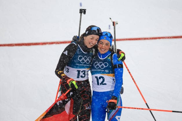 Franziska Preuss (GER) and Dorothea Wierer (ITA) together for the last race in carrer at the end of the Olympic Winter games, Winterspiele,Spiele, Summer games Milano-Cortina 2026, Biathlon Women s 12.5km Mass Start on February 21, 2026 at Antholz-Anterselva Biathlon Arena in Anterselva, Italy  Copyright: xLucianoxMariaxBisi IPAxSportx xipa-agency.netx xx IPA_71818870 IPA_Agency_IPA71818870