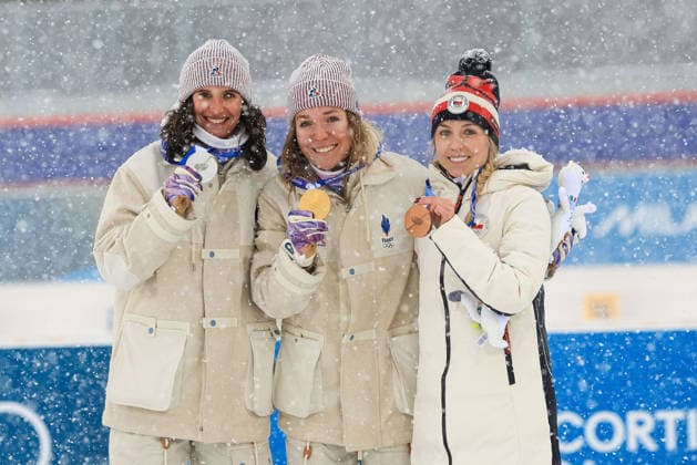 The podium with Julia Simon (FRA) 2nd place, Silver Medal, Oceane Michelon (FRA) 1st place, Gold Medal and Tereza Vobornikova (CZE) 3rd place, Bronze Medal at the end of the Olympic Winter games, Winterspiele,Spiele, Summer games Milano-Cortina 2026, Biathlon Women s 12.5km Mass Start on February 21, 2026 at Antholz-Anterselva Biathlon Arena in Anterselva, Italy  Copyright: xLucianoxMariaxBisi IPAxSportx xipa-agency.netx xx IPA_71818967 IPA_Agency_IPA71818967