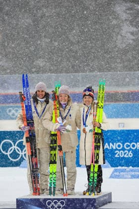 The podium with Julia Simon (FRA) 2nd place, Silver Medal, Oceane Michelon (FRA) 1st place, Gold Medal and Tereza Vobornikova (CZE) 3rd place, Bronze Medal at the end of the Olympic Winter games, Winterspiele,Spiele, Summer games Milano-Cortina 2026, Biathlon Women s 12.5km Mass Start on February 21, 2026 at Antholz-Anterselva Biathlon Arena in Anterselva, Italy  Copyright: xLucianoxMariaxBisi IPAxSportx xipa-agency.netx xx IPA_71818970 IPA_Agency_IPA71818970