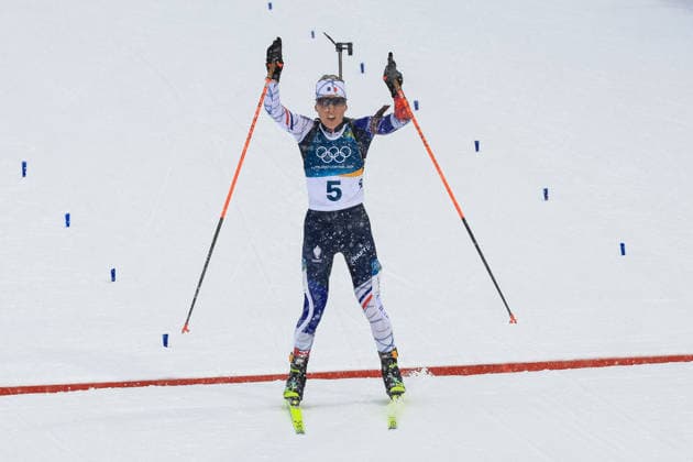 Oceane Michelon (FRA) 1st place, Gold Medal at the finish line during the Olympic Winter games, Winterspiele,Spiele, Summer games Milano-Cortina 2026, Biathlon Women s 12.5km Mass Start on February 21, 2026 at Antholz-Anterselva Biathlon Arena in Anterselva, Italy  Copyright: xLucianoxMariaxBisi IPAxSportx xipa-agency.netx xx IPA_71819098 IPA_Agency_IPA71819098