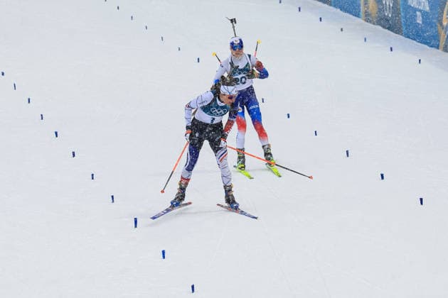 Julia Simon (FRA) 2nd place, Silver Medal and Tereza Vobornikova (CZE) 3rd place, Bronze Medal at the finish line during the Olympic Winter games, Winterspiele,Spiele, Summer games Milano-Cortina 2026, Biathlon Women s 12.5km Mass Start on February 21, 2026 at Antholz-Anterselva Biathlon Arena in Anterselva, Italy  Copyright: xLucianoxMariaxBisi IPAxSportx xipa-agency.netx xx IPA_71819105 IPA_Agency_IPA71819105