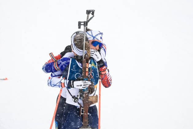 Happiness of Oceane Michelon (FRA) and Julia Simon (FRA) after winning the race at the end of the Olympic Winter games, Winterspiele,Spiele, Summer games Milano-Cortina 2026, Biathlon Women s 12.5km Mass Start on February 21, 2026 at Antholz-Anterselva Biathlon Arena in Anterselva, Italy  Copyright: xLucianoxMariaxBisi IPAxSportx xipa-agency.netx xx IPA_71819275 IPA_Agency_IPA71819275