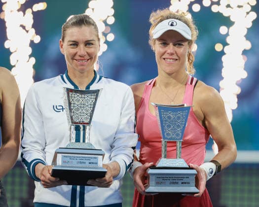 Finalists Laura Siegemund and Vera Zvonareva with the trophy, Trophae, Ladies Doubles, Women s Doubles, Award Ceremony, Presentation Dubai Duty Free Tennis Championships, Dubai, U A E Copyright: xJuergenxHasenkopfx