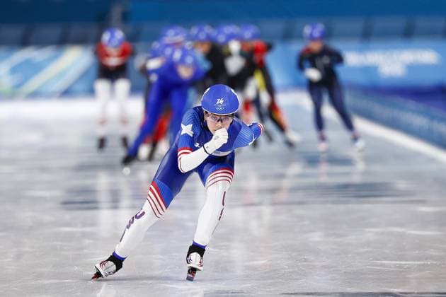 MILAN , 21-02-2026 , Milano Speed skating, Eisschnelllauf Stadium , Olympic Winter games, Winterspiele,Spiele, Summer games 2026 - Speed Skating mass start ladies semifinals, Picture shows Greta Myers Olympic Winter Games 2026 - Speed Skating mass start  x201784153x Copyright: