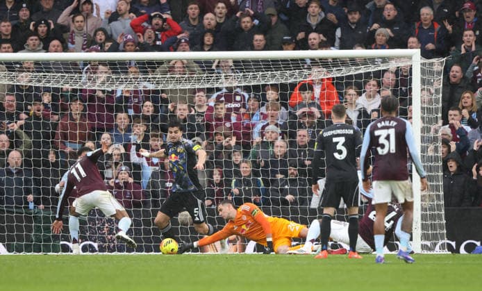 Karl Darlow (LU) makes a double save in the first half at the Aston Villa v Leeds United EPL match, at Villa Park, Birmingham, UK on 21st February, 2026. 