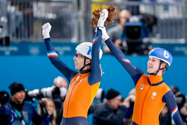 winner Jorrit Bergsma of the Netherlands and Stijn Van De Bunt of the Netherlands celebrates after Men s Mass Start Final, Milano Cortina 2026 Winter Olympics: Day 15, Speed skating, Eisschnelllauf - Milano Cortina 2026 Winter Olympics: Day 15, Milano Speed Skating Stadium, February 21, 2026, Milan, Italy.