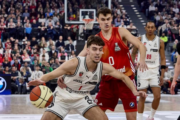 German Basketball BBL Cup, FC Bayern Munich Basketball vs BMA365 Bamberg BASKETS, Munich FC Bayern Basketball, Bamberg Baskets MBA365, 2026 02 21 in Munich SAP Garden ENSMINGER Zachary BMA365 Bamberg BASKETS Point Guard PG Nr1 BAM1 , DIMITRIJEVIC Nenad FC Bayern Basketball Point Guard PG Nr0 FCBB0 sportworld Munich SAP Garden Bayern Germany