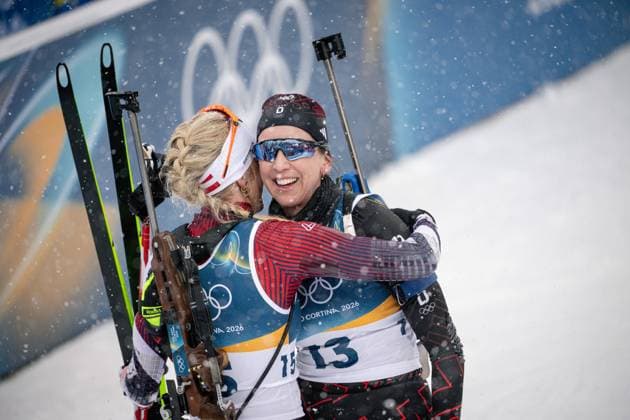 Lisa Theresa Hauser (AUT) und Franziska Preuss (GER), 12,5-km-Massenstart der Frauen im Biathlon bei den Olympischen Winterspielen Milano Cortina 2026 in der Südtirol Arena, Antholz-Anterselva, Italien, am 21. Februar 2026. Womens 12.5 km Mass Start biathlon event at the Olympic Winter games, Winterspiele,Spiele, Summer games Milano Cortina 2026 at the Südtirol Arena, Antholz-Anterselva, Italy, on February 21, 2026. *** Lisa Theresa Hauser AUT and Franziska Preuss GER , Womens 12.5 km Mass Start biathlon event at the Olympic Winter Games Milano Cortina 2026 at the Südtirol Arena, Antholz Anterselva, Italy, on February 21, 2026 Womens 12 5 km Mass Start biathlon event at the Olympic Winter Games Milano Cortina 2026 at the Südtirol Arena, Antholz Anterselva, Italy, on February 21, 2026 Copyright: HMBxMedia MarcxNiemeyer