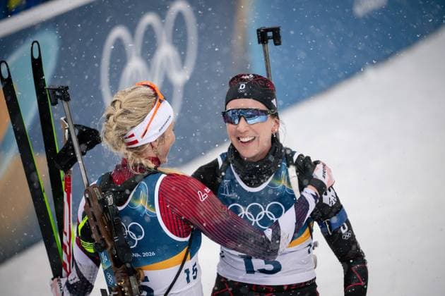 Lisa Theresa Hauser (AUT) und Franziska Preuss (GER), 12,5-km-Massenstart der Frauen im Biathlon bei den Olympischen Winterspielen Milano Cortina 2026 in der Südtirol Arena, Antholz-Anterselva, Italien, am 21. Februar 2026. Womens 12.5 km Mass Start biathlon event at the Olympic Winter games, Winterspiele,Spiele, Summer games Milano Cortina 2026 at the Südtirol Arena, Antholz-Anterselva, Italy, on February 21, 2026. *** Lisa Theresa Hauser AUT and Franziska Preuss GER , Womens 12.5 km Mass Start biathlon event at the Olympic Winter Games Milano Cortina 2026 at the Südtirol Arena, Antholz Anterselva, Italy, on February 21, 2026 Womens 12 5 km Mass Start biathlon event at the Olympic Winter Games Milano Cortina 2026 at the Südtirol Arena, Antholz Anterselva, Italy, on February 21, 2026 Copyright: HMBxMedia MarcxNiemeyer