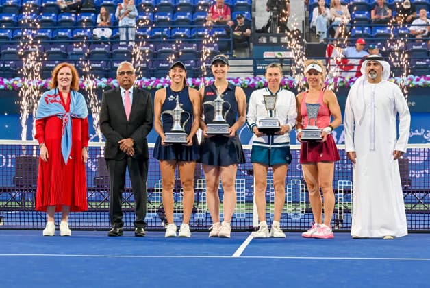 2026 Dubai Duty Free Tennis Championships DUBAI, UAE - FEBRUARY 21: Canadian Gabriela Dabrowski (C) and Brazilian Luisa Stefani (3rd L) celebrate after winning the women’s doubles final of the Dubai Duty Free Tennis Championships match against German tennis player Laura Siegemund (2nd R) and Russian tennis player Vera Zvonareva (3rd R) at the Dubai Duty Free Tennis Stadium in Dubai, United Arab Emirates, on February 21, 2026. Waleed Zein Anadolu Dubai United Arab Emirates. Editorial use only. Please get in touch for any other usage.  Copyright: x2026xAnadoluxWaleedxZeinx