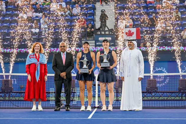 2026 Dubai Duty Free Tennis Championships DUBAI, UAE - FEBRUARY 21: Canadian Gabriela Dabrowski (2nd R) and Brazilian Luisa Stefani (C) celebrate after winning the women’s doubles final of the Dubai Duty Free Tennis Championships match against German tennis player Laura Siegemund and Russian tennis player Vera Zvonareva at the Dubai Duty Free Tennis Stadium in Dubai, United Arab Emirates, on February 21, 2026. Waleed Zein Anadolu Dubai United Arab Emirates. Editorial use only. Please get in touch for any other usage.  Copyright: x2026xAnadoluxWaleedxZeinx