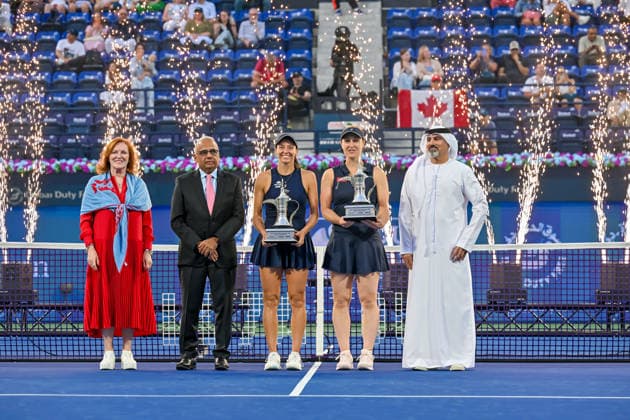 2026 Dubai Duty Free Tennis Championships DUBAI, UAE - FEBRUARY 21: Canadian Gabriela Dabrowski (2nd R) and Brazilian Luisa Stefani (C) celebrate after winning the women’s doubles final of the Dubai Duty Free Tennis Championships match against German tennis player Laura Siegemund and Russian tennis player Vera Zvonareva at the Dubai Duty Free Tennis Stadium in Dubai, United Arab Emirates, on February 21, 2026. Waleed Zein Anadolu Dubai United Arab Emirates. Editorial use only. Please get in touch for any other usage.  Copyright: x2026xAnadoluxWaleedxZeinx