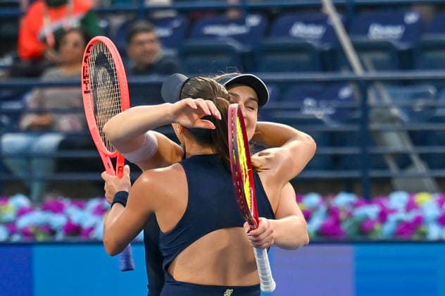 2026 Dubai Duty Free Tennis Championships DUBAI, UAE - FEBRUARY 21: Canadian Gabriela Dabrowski and Brazilian Luisa Stefani celebrate after winning the women’s doubles final of the Dubai Duty Free Tennis Championships match against German tennis player Laura Siegemund and Russian tennis player Vera Zvonareva at the Dubai Duty Free Tennis Stadium in Dubai, United Arab Emirates, on February 21, 2026. Waleed Zein Anadolu Dubai United Arab Emirates. Editorial use only. Please get in touch for any other usage.  Copyright: x2026xAnadoluxWaleedxZeinx
