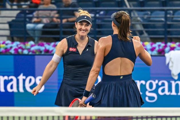 2026 Dubai Duty Free Tennis Championships DUBAI, UAE - FEBRUARY 21: Canadian Gabriela Dabrowski (L) and Brazilian Luisa Stefani (R) celebrate after winning the women’s doubles final of the Dubai Duty Free Tennis Championships match against German tennis player Laura Siegemund and Russian tennis player Vera Zvonareva at the Dubai Duty Free Tennis Stadium in Dubai, United Arab Emirates, on February 21, 2026. Waleed Zein Anadolu Dubai United Arab Emirates. Editorial use only. Please get in touch for any other usage.  Copyright: x2026xAnadoluxWaleedxZeinx