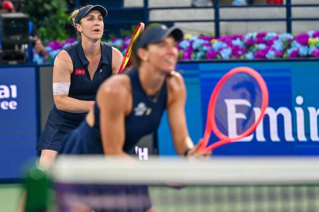 2026 Dubai Duty Free Tennis Championships DUBAI, UAE - FEBRUARY 21: German tennis player Laura Siegemund and Russian tennis player Vera Zvonareva compete against Canadian tennis player Gabriela Dabrowski and Brazilian tennis player Luisa Stefani in the women’s doubles final of the Dubai Duty Free Tennis Championships at the Dubai Duty Free Tennis Stadium in Dubai, United Arab Emirates, on February 21, 2026. Waleed Zein Anadolu Dubai United Arab Emirates. Editorial use only. Please get in touch for any other usage.  Copyright: x2026xAnadoluxWaleedxZeinx
