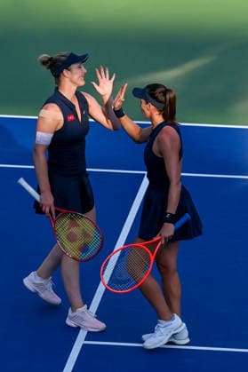 2026 Dubai Duty Free Tennis Championships DUBAI, UAE - FEBRUARY 21: German tennis player Laura Siegemund and Russian tennis player Vera Zvonareva compete against Canadian tennis player Gabriela Dabrowski and Brazilian tennis player Luisa Stefani in the women’s doubles final of the Dubai Duty Free Tennis Championships at the Dubai Duty Free Tennis Stadium in Dubai, United Arab Emirates, on February 21, 2026. Waleed Zein Anadolu Dubai United Arab Emirates. Editorial use only. Please get in touch for any other usage.  Copyright: x2026xAnadoluxWaleedxZeinx