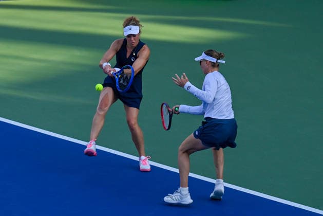 2026 Dubai Duty Free Tennis Championships DUBAI, UAE - FEBRUARY 21: German tennis player Laura Siegemund and Russian tennis player Vera Zvonareva compete against Canadian tennis player Gabriela Dabrowski and Brazilian tennis player Luisa Stefani in the women’s doubles final of the Dubai Duty Free Tennis Championships at the Dubai Duty Free Tennis Stadium in Dubai, United Arab Emirates, on February 21, 2026. Waleed Zein Anadolu Dubai United Arab Emirates. Editorial use only. Please get in touch for any other usage.  Copyright: x2026xAnadoluxWaleedxZeinx