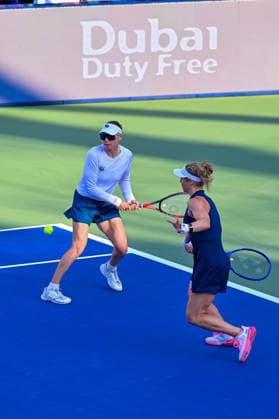 2026 Dubai Duty Free Tennis Championships DUBAI, UAE - FEBRUARY 21: German tennis player Laura Siegemund and Russian tennis player Vera Zvonareva compete against Canadian tennis player Gabriela Dabrowski and Brazilian tennis player Luisa Stefani in the women’s doubles final of the Dubai Duty Free Tennis Championships at the Dubai Duty Free Tennis Stadium in Dubai, United Arab Emirates, on February 21, 2026. Waleed Zein Anadolu Dubai United Arab Emirates. Editorial use only. Please get in touch for any other usage.  Copyright: x2026xAnadoluxWaleedxZeinx