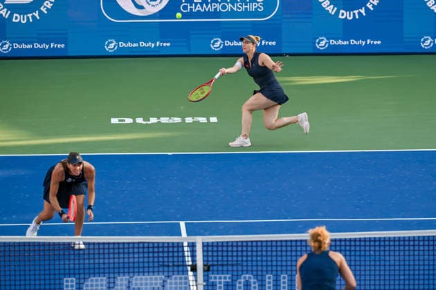 2026 Dubai Duty Free Tennis Championships DUBAI, UAE - FEBRUARY 21: German tennis player Laura Siegemund and Russian tennis player Vera Zvonareva compete against Canadian tennis player Gabriela Dabrowski and Brazilian tennis player Luisa Stefani in the women’s doubles final of the Dubai Duty Free Tennis Championships at the Dubai Duty Free Tennis Stadium in Dubai, United Arab Emirates, on February 21, 2026. Waleed Zein Anadolu Dubai United Arab Emirates. Editorial use only. Please get in touch for any other usage.  Copyright: x2026xAnadoluxWaleedxZeinx