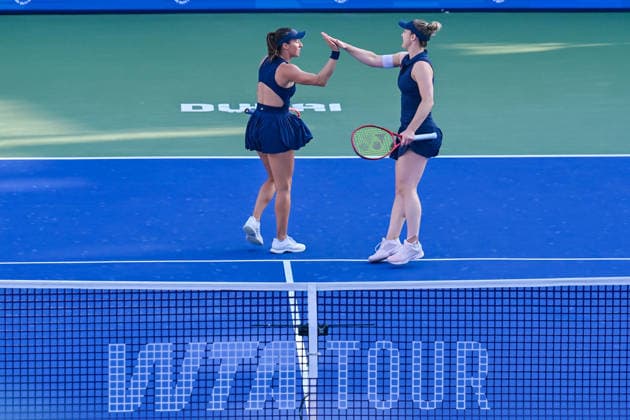 2026 Dubai Duty Free Tennis Championships DUBAI, UAE - FEBRUARY 21: German tennis player Laura Siegemund and Russian tennis player Vera Zvonareva compete against Canadian tennis player Gabriela Dabrowski and Brazilian tennis player Luisa Stefani in the women’s doubles final of the Dubai Duty Free Tennis Championships at the Dubai Duty Free Tennis Stadium in Dubai, United Arab Emirates, on February 21, 2026. Waleed Zein Anadolu Dubai United Arab Emirates. Editorial use only. Please get in touch for any other usage.  Copyright: x2026xAnadoluxWaleedxZeinx