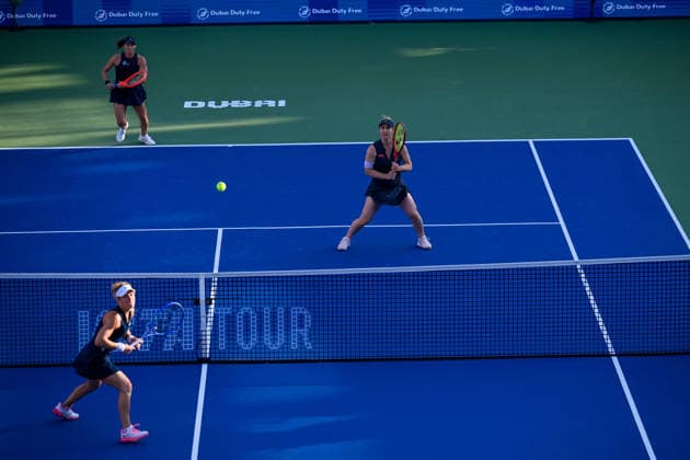 2026 Dubai Duty Free Tennis Championships DUBAI, UAE - FEBRUARY 21: German tennis player Laura Siegemund and Russian tennis player Vera Zvonareva compete against Canadian tennis player Gabriela Dabrowski and Brazilian tennis player Luisa Stefani in the women’s doubles final of the Dubai Duty Free Tennis Championships at the Dubai Duty Free Tennis Stadium in Dubai, United Arab Emirates, on February 21, 2026. Waleed Zein Anadolu Dubai United Arab Emirates. Editorial use only. Please get in touch for any other usage.  Copyright: x2026xAnadoluxWaleedxZeinx
