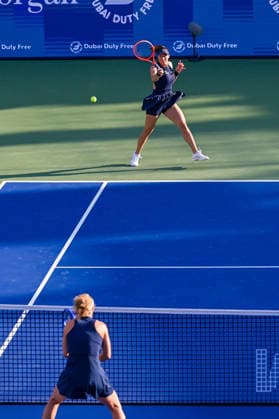 2026 Dubai Duty Free Tennis Championships DUBAI, UAE - FEBRUARY 21: German tennis player Laura Siegemund and Russian tennis player Vera Zvonareva compete against Canadian tennis player Gabriela Dabrowski and Brazilian tennis player Luisa Stefani in the women’s doubles final of the Dubai Duty Free Tennis Championships at the Dubai Duty Free Tennis Stadium in Dubai, United Arab Emirates, on February 21, 2026. Waleed Zein Anadolu Dubai United Arab Emirates. Editorial use only. Please get in touch for any other usage.  Copyright: x2026xAnadoluxWaleedxZeinx