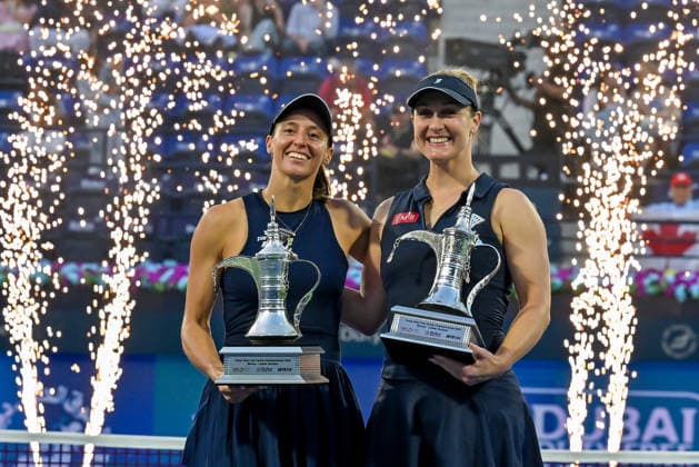 2026 Dubai Duty Free Tennis Championships DUBAI, UAE - FEBRUARY 21: Canadian Gabriela Dabrowski (L) and Brazilian Luisa Stefani (R) celebrate after winning the women’s doubles final of the Dubai Duty Free Tennis Championships match against German tennis player Laura Siegemund and Russian tennis player Vera Zvonareva at the Dubai Duty Free Tennis Stadium in Dubai, United Arab Emirates, on February 21, 2026. Waleed Zein Anadolu Dubai United Arab Emirates. Editorial use only. Please get in touch for any other usage.  Copyright: x2026xAnadoluxWaleedxZeinx