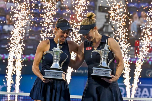2026 Dubai Duty Free Tennis Championships DUBAI, UAE - FEBRUARY 21: Canadian Gabriela Dabrowski (L) and Brazilian Luisa Stefani (R) celebrate after winning the women’s doubles final of the Dubai Duty Free Tennis Championships match against German tennis player Laura Siegemund and Russian tennis player Vera Zvonareva at the Dubai Duty Free Tennis Stadium in Dubai, United Arab Emirates, on February 21, 2026. Waleed Zein Anadolu Dubai United Arab Emirates. Editorial use only. Please get in touch for any other usage.  Copyright: x2026xAnadoluxWaleedxZeinx