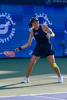 2026 Dubai Duty Free Tennis Championships DUBAI, UAE - FEBRUARY 21: German tennis player Laura Siegemund and Russian tennis player Vera Zvonareva compete against Canadian tennis player Gabriela Dabrowski and Brazilian tennis player Luisa Stefani in the women’s doubles final of the Dubai Duty Free Tennis Championships at the Dubai Duty Free Tennis Stadium in Dubai, United Arab Emirates, on February 21, 2026. Waleed Zein Anadolu Dubai United Arab Emirates. Editorial use only. Please get in touch for any other usage.  Copyright: x2026xAnadoluxWaleedxZeinx