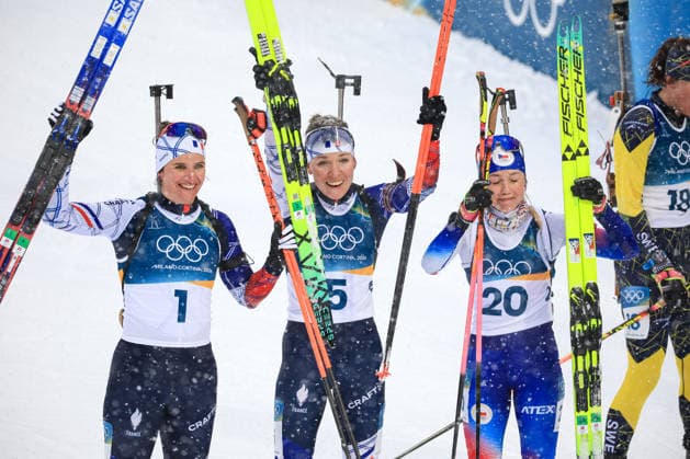GIOCHI OLIMPICI - Olimpiadi Invernali Milano-Cortina 2026 - Biathlon Women s 12.5km Mass Start Julia Simon (FRA) 2nd place, Silver Medal Oceane Michelon (FRA) 1st place, Gold Medal and Tereza Vobornikova (CZE) 3rd place, Bronze Medal at the end of the Olympic Winter games, Winterspiele,Spiele, Summer games Milano-Cortina 2026, Biathlon Women s 12.5km Mass Start on February 21, 2026 at Antholz-Anterselva Biathlon Arena in Anterselva, Italy Cortina D Ampezzo Italy  Copyright: xIPAxSport ABACAx