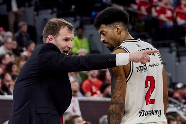 German Basketball BBL Cup, FC Bayern Munich Basketball vs BMA365 Bamberg BASKETS, Munich FC Bayern Basketball, Bamberg Baskets MBA365, 2026 02 21 in Munich SAP Garden GAVEL Anton BMA365 Bamberg BASKETS Headcoach BAMHC , WATSON Ibi BMA365 Bamberg BASKETS Small Forward SF Nr2 BAM2 sportworld Munich SAP Garden Bayern Germany