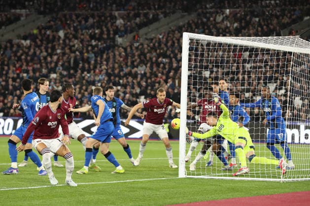 21st February 2026; London Stadium, London, England; Premier League Football, West Ham United versus Bournemouth; goalkeeper Djordje Petrovic of Bournemouth saves from Axel Disasi of West Ham United  KatiexChan Content restricted for UK based newspaper
