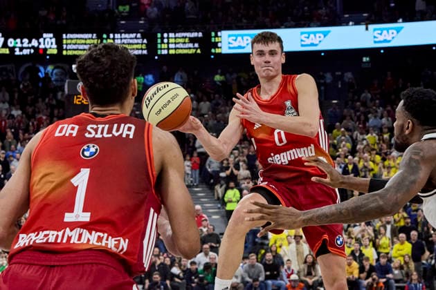 German Basketball BBL Cup, FC Bayern Munich Basketball vs BMA365 Bamberg BASKETS, Munich FC Bayern Basketball, Bamberg Baskets MBA365, 2026 02 21 in Munich SAP Garden DIMITRIJEVIC Nenad FC Bayern Basketball Point Guard PG Nr0 FCBB0 , DA SILVA Oscar FC Bayern Basketball Power Forward PF Nr1 FCBB1 sportworld Munich SAP Garden Bayern Germany