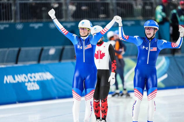 2026 Milano-Cortina Winter Olympics MILAN, ITALY - FEBRUARY 21: Mia Manganello of US, finished third in the race, celebrates after competing in women s mass start Speed skating, Eisschnelllauf event during the 2026 Milano-Cortina Winter Olympics at Milan Speed Skating Stadium in Milan, Italy on February 21, 2026. Cemal Yurttas Anadolu Milan Italy. Editorial use only. Please get in touch for any other usage.  Copyright: x2026xAnadoluxCemalxYurttaÅüx