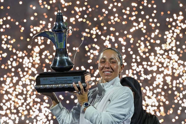 2026 Dubai Duty Free Tennis Championships DUBAI, UAE - FEBRUARY 21: American tennis player Jessica Pegula wins the women’s singles final of the Dubai Duty Free Tennis Championships against Ukrainian tennis player Elina Svitolina at the Dubai Duty Free Tennis Stadium in Dubai, United Arab Emirates, on February 21, 2026. Waleed Zein Anadolu Dubai United Arab Emirates. Editorial use only. Please get in touch for any other usage.  Copyright: x2026xAnadoluxWaleedxZeinx