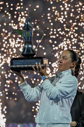 2026 Dubai Duty Free Tennis Championships DUBAI, UAE - FEBRUARY 21: American tennis player Jessica Pegula wins the women’s singles final of the Dubai Duty Free Tennis Championships against Ukrainian tennis player Elina Svitolina at the Dubai Duty Free Tennis Stadium in Dubai, United Arab Emirates, on February 21, 2026. Waleed Zein Anadolu Dubai United Arab Emirates. Editorial use only. Please get in touch for any other usage.  Copyright: x2026xAnadoluxWaleedxZeinx
