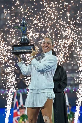 2026 Dubai Duty Free Tennis Championships DUBAI, UAE - FEBRUARY 21: American tennis player Jessica Pegula wins the women’s singles final of the Dubai Duty Free Tennis Championships against Ukrainian tennis player Elina Svitolina at the Dubai Duty Free Tennis Stadium in Dubai, United Arab Emirates, on February 21, 2026. Waleed Zein Anadolu Dubai United Arab Emirates. Editorial use only. Please get in touch for any other usage.  Copyright: x2026xAnadoluxWaleedxZeinx