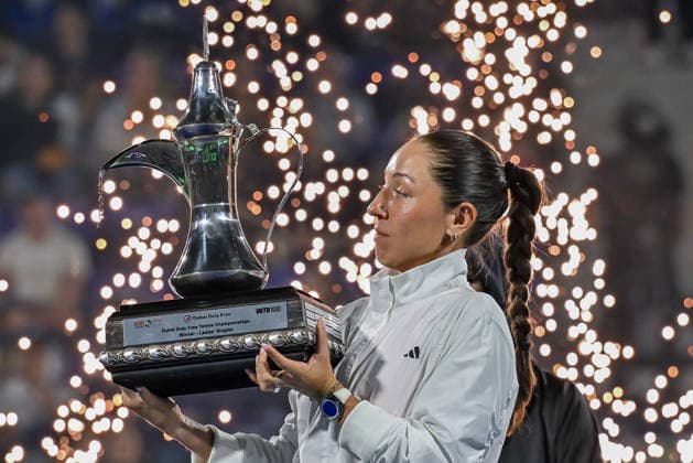 2026 Dubai Duty Free Tennis Championships DUBAI, UAE - FEBRUARY 21: American tennis player Jessica Pegula wins the women’s singles final of the Dubai Duty Free Tennis Championships against Ukrainian tennis player Elina Svitolina at the Dubai Duty Free Tennis Stadium in Dubai, United Arab Emirates, on February 21, 2026. Waleed Zein Anadolu Dubai United Arab Emirates. Editorial use only. Please get in touch for any other usage.  Copyright: x2026xAnadoluxWaleedxZeinx