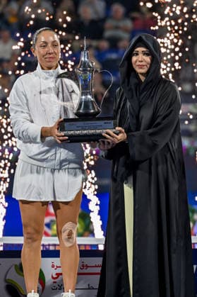 2026 Dubai Duty Free Tennis Championships DUBAI, UAE - FEBRUARY 21: American tennis player Jessica Pegula (L) wins the women’s singles final of the Dubai Duty Free Tennis Championships against Ukrainian tennis player Elina Svitolina at the Dubai Duty Free Tennis Stadium in Dubai, United Arab Emirates, on February 21, 2026. Waleed Zein Anadolu Dubai United Arab Emirates. Editorial use only. Please get in touch for any other usage.  Copyright: x2026xAnadoluxWaleedxZeinx