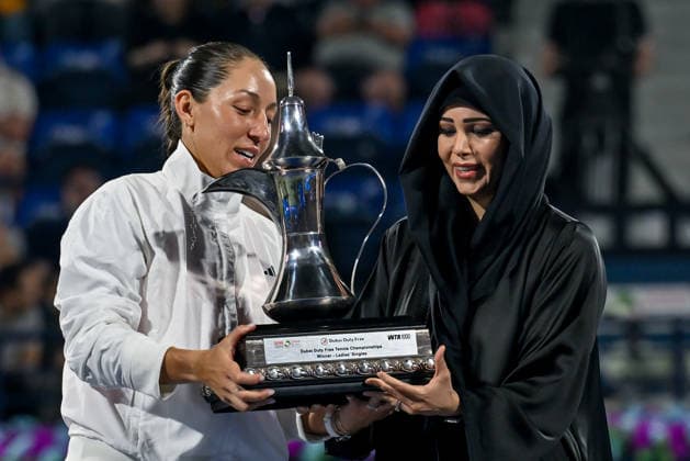 2026 Dubai Duty Free Tennis Championships DUBAI, UAE - FEBRUARY 21: American tennis player Jessica Pegula (L) wins the women’s singles final of the Dubai Duty Free Tennis Championships against Ukrainian tennis player Elina Svitolina at the Dubai Duty Free Tennis Stadium in Dubai, United Arab Emirates, on February 21, 2026. Waleed Zein Anadolu Dubai United Arab Emirates. Editorial use only. Please get in touch for any other usage.  Copyright: x2026xAnadoluxWaleedxZeinx