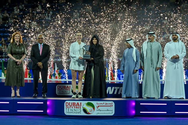 2026 Dubai Duty Free Tennis Championships DUBAI, UAE - FEBRUARY 21: American tennis player Jessica Pegula (not seen) wins the women’s singles final of the Dubai Duty Free Tennis Championships against Ukrainian tennis player Elina Svitolina (3rd L) at the Dubai Duty Free Tennis Stadium in Dubai, United Arab Emirates, on February 21, 2026. Waleed Zein Anadolu Dubai United Arab Emirates. Editorial use only. Please get in touch for any other usage.  Copyright: x2026xAnadoluxWaleedxZeinx