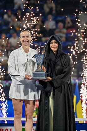 2026 Dubai Duty Free Tennis Championships DUBAI, UAE - FEBRUARY 21: American tennis player Jessica Pegula (not seen) wins the women’s singles final of the Dubai Duty Free Tennis Championships against Ukrainian tennis player Elina Svitolina (L) at the Dubai Duty Free Tennis Stadium in Dubai, United Arab Emirates, on February 21, 2026. Waleed Zein Anadolu Dubai United Arab Emirates. Editorial use only. Please get in touch for any other usage.  Copyright: x2026xAnadoluxWaleedxZeinx