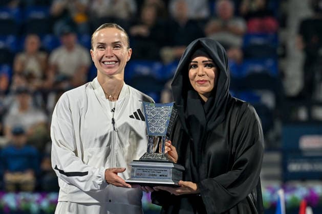 2026 Dubai Duty Free Tennis Championships DUBAI, UAE - FEBRUARY 21: American tennis player Jessica Pegula (not seen) wins the women’s singles final of the Dubai Duty Free Tennis Championships against Ukrainian tennis player Elina Svitolina (L) at the Dubai Duty Free Tennis Stadium in Dubai, United Arab Emirates, on February 21, 2026. Waleed Zein Anadolu Dubai United Arab Emirates. Editorial use only. Please get in touch for any other usage.  Copyright: x2026xAnadoluxWaleedxZeinx