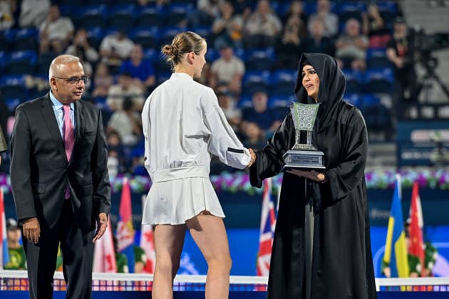2026 Dubai Duty Free Tennis Championships DUBAI, UAE - FEBRUARY 21: American tennis player Jessica Pegula (not seen) wins the women’s singles final of the Dubai Duty Free Tennis Championships against Ukrainian tennis player Elina Svitolina (C) at the Dubai Duty Free Tennis Stadium in Dubai, United Arab Emirates, on February 21, 2026. Waleed Zein Anadolu Dubai United Arab Emirates. Editorial use only. Please get in touch for any other usage.  Copyright: x2026xAnadoluxWaleedxZeinx