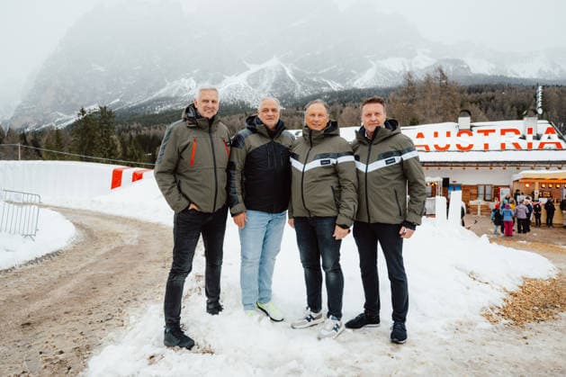 OLYMPICS - Winter Olympic Games, Olympische Spiele, Olympia, OS Milano Cortina 2026 CORTINA D AMPEZZO,ITALY,21.FEB.26 - OLYMPICS - Winter Olympic Games Milano Cortina 2026, Austria House, media event, media talk, Olympia Bilanz. Image shows Harald Winkler (AUT), Gerhard Haidacher (AUT), Ingo Appelt (AUT) and Thomas Schroll (AUT).  GEPAxpictures xAlexanderxSolc