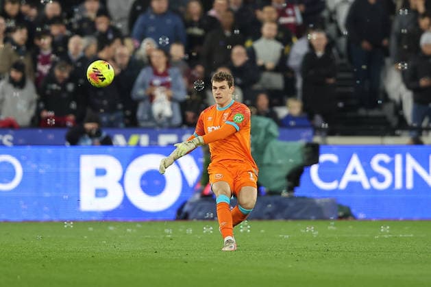 21st February 2026; London Stadium, London, England; Premier League Football, West Ham United versus Bournemouth; goalkeeper Mads Hermansen of West Ham United throws the ball  KatiexChan Content restricted for UK based newspaper