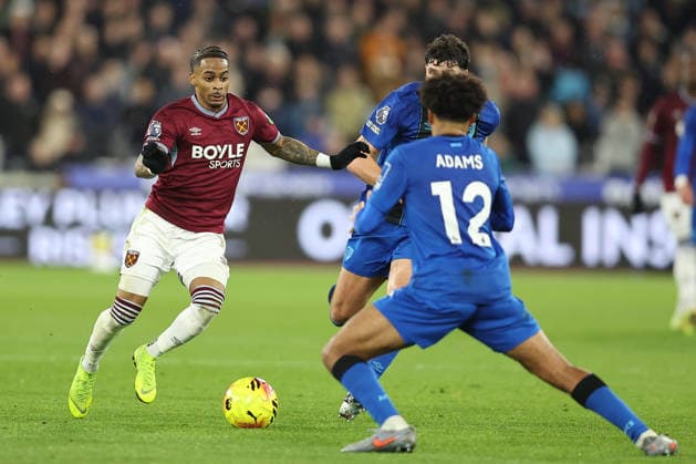 21st February 2026; London Stadium, London, England; Premier League Football, West Ham United versus Bournemouth; Crysencio Summerville of West Ham United takes on Tyler Adams of Bournemouth  KatiexChan Content restricted for UK based newspaper